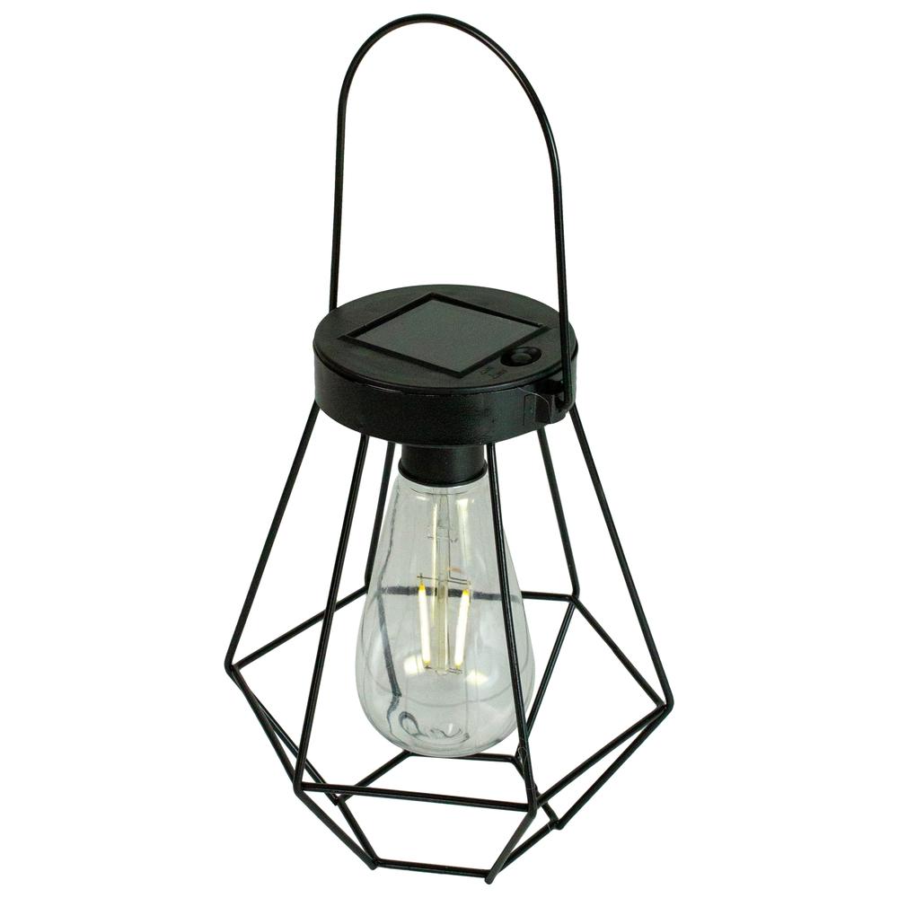 7.5" Black Geometric Outdoor Hanging Solar Lantern with Handle. Picture 1