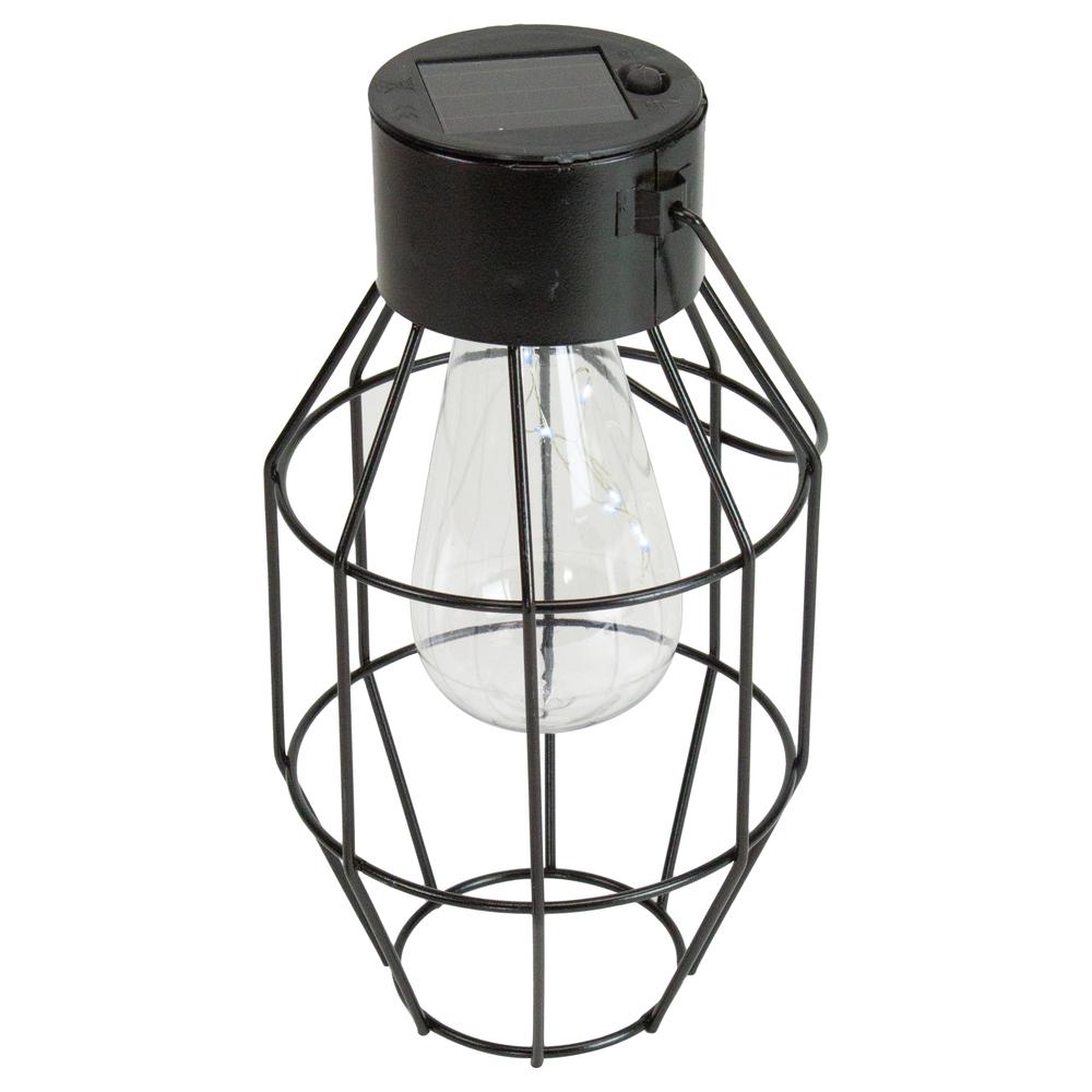 9.5" Black Geometric Oblong Outdoor Hanging Solar Lantern with Handle. Picture 3