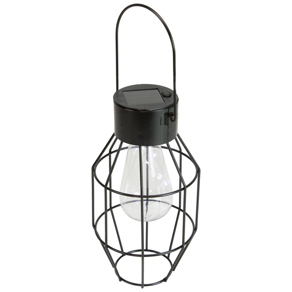 9.5" Black Geometric Oblong Outdoor Hanging Solar Lantern with Handle. Picture 1