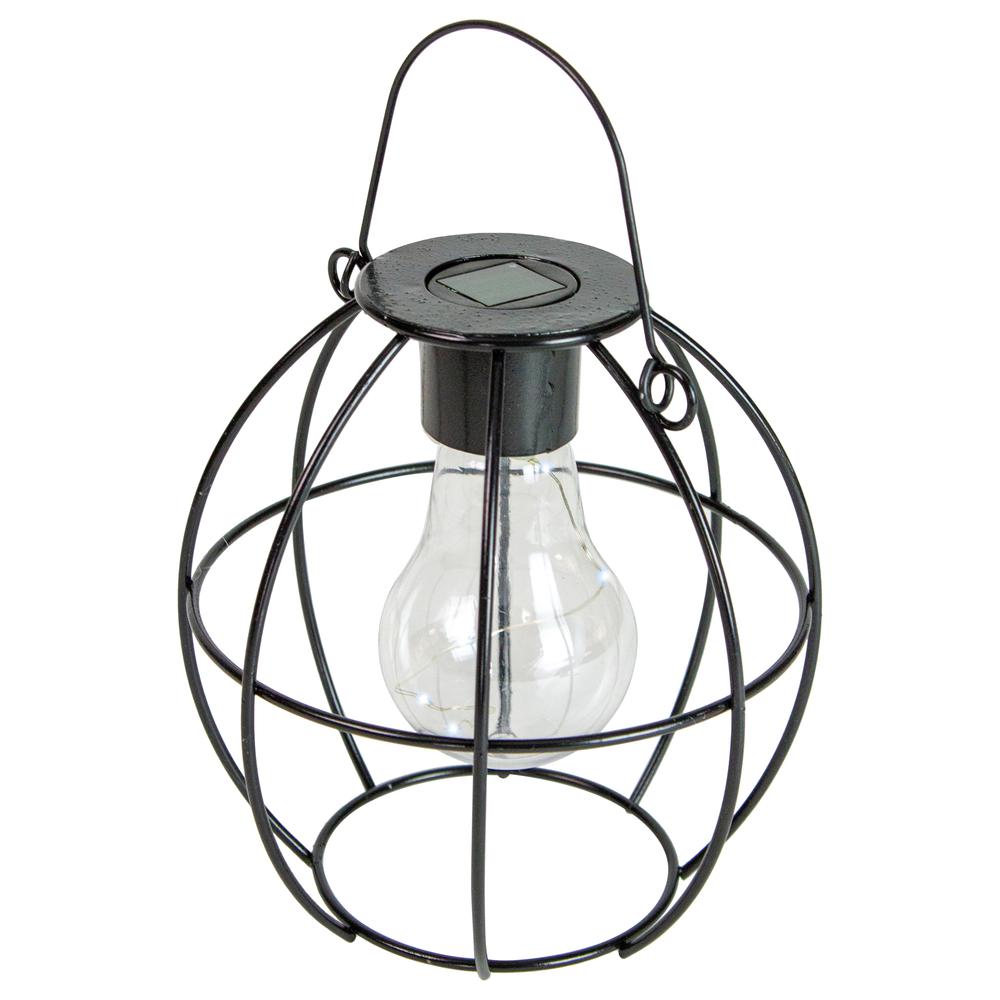 6" Black Geometric Outdoor Hanging Solar Lantern with Handle. Picture 1
