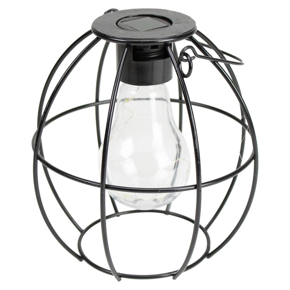 6" Black Geometric Outdoor Hanging Solar Lantern with Handle. Picture 3