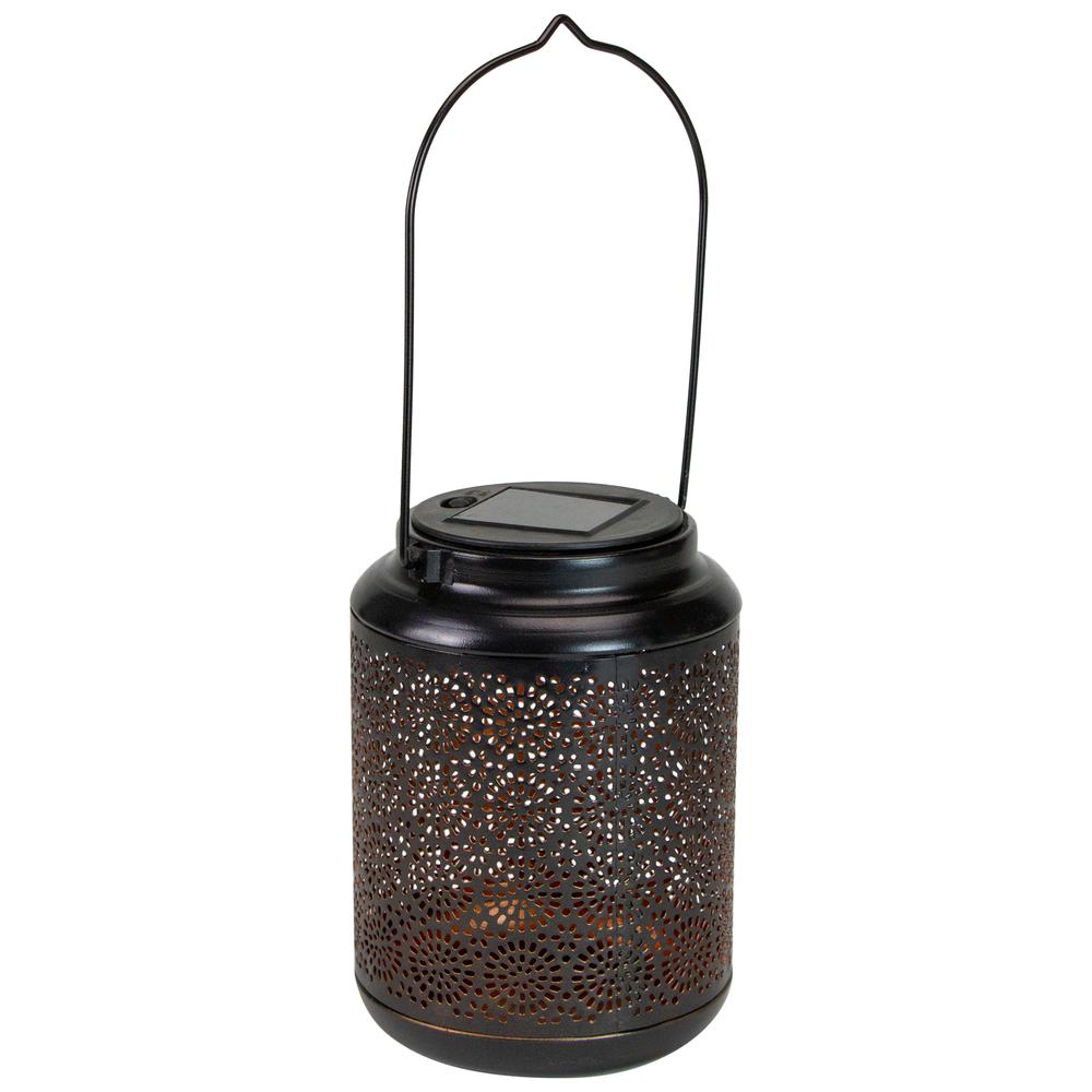 7" Black Outdoor Integrated Floral LED Solar Lantern with Handle. Picture 1
