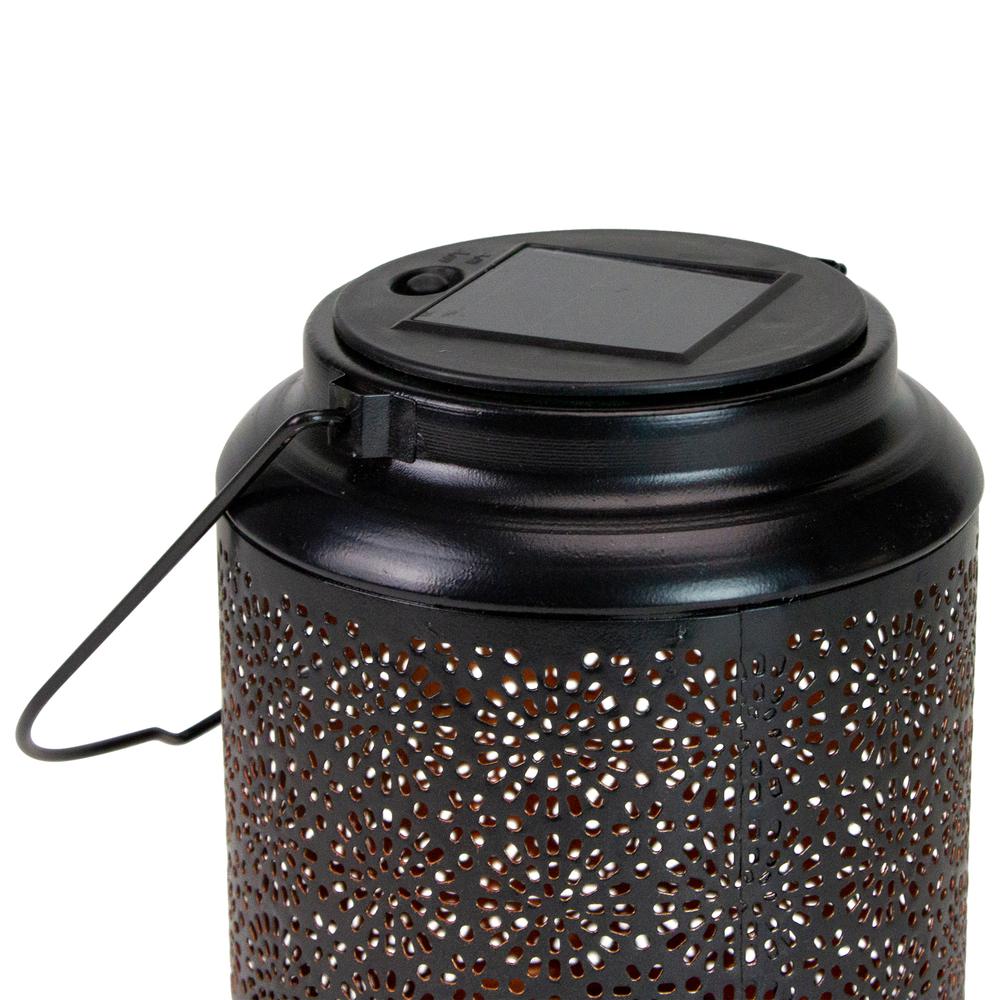 7" Black Outdoor Integrated Floral LED Solar Lantern with Handle. Picture 2
