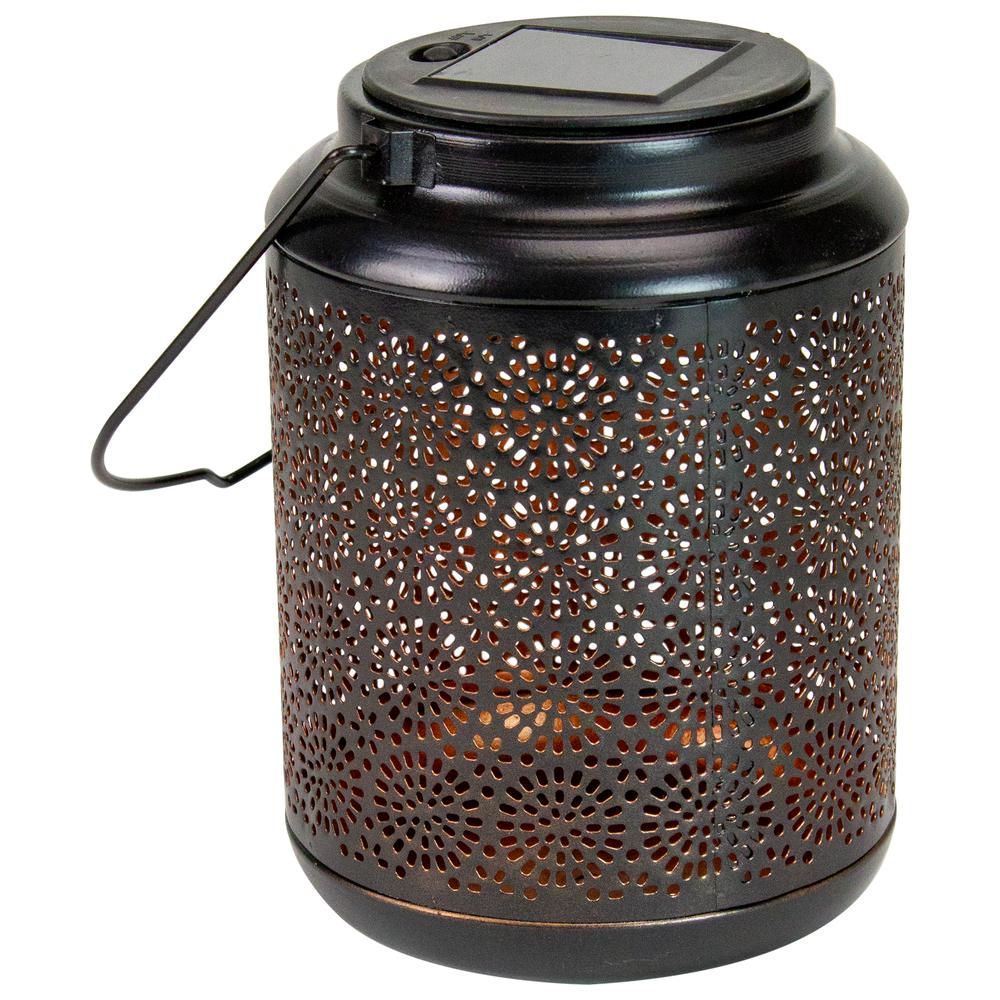 7" Black Outdoor Integrated Floral LED Solar Lantern with Handle. Picture 4