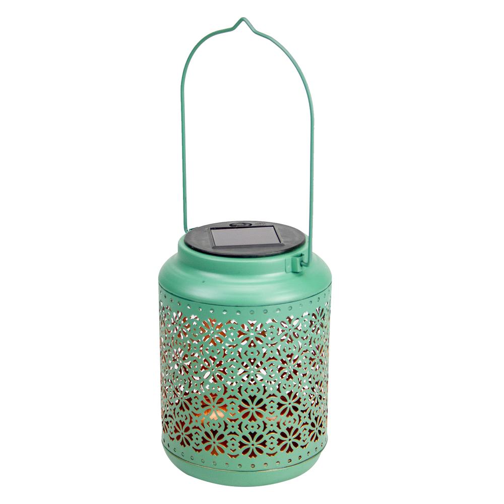 7" Green Integrated Floral Pattern Outdoor Solar Lantern with Handle. Picture 1