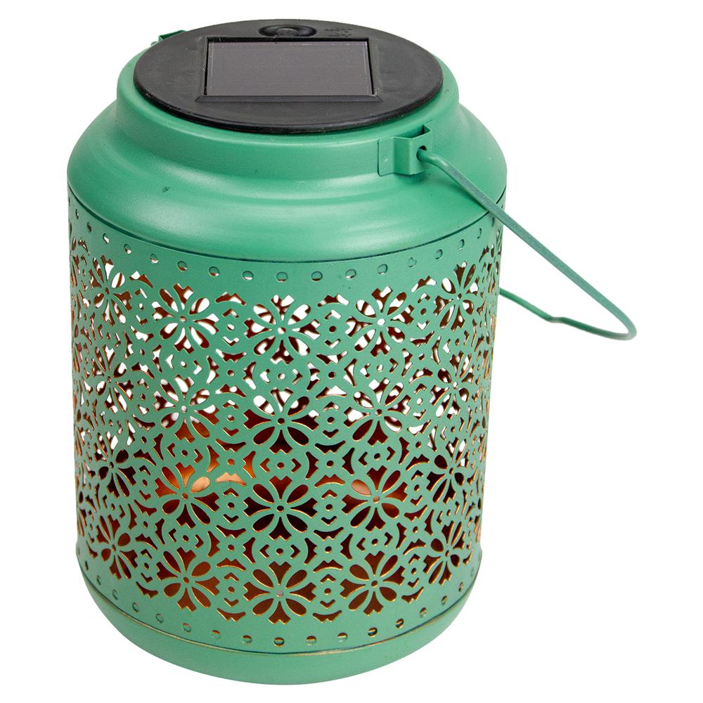 7" Green Integrated Floral Pattern Outdoor Solar Lantern with Handle. Picture 2