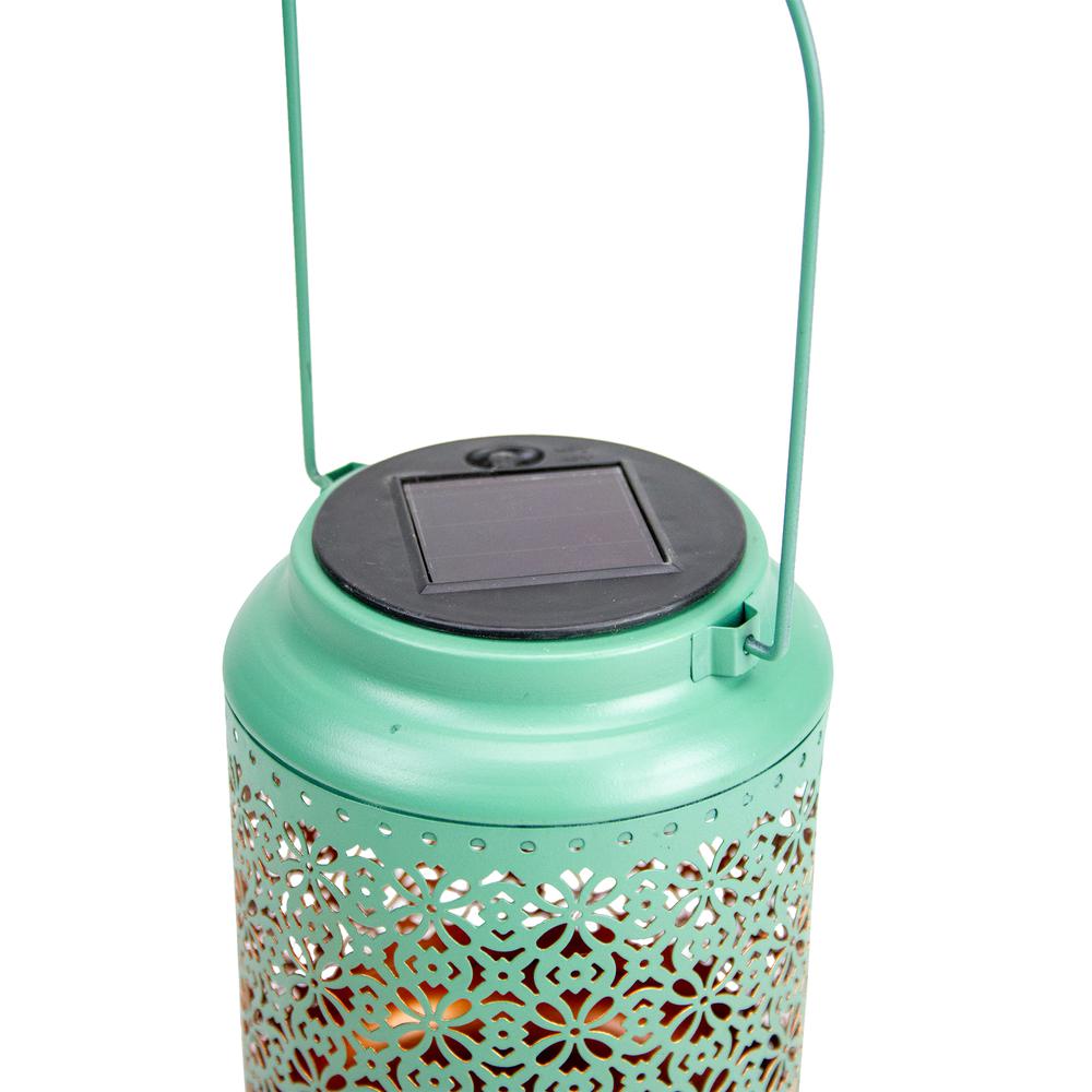 7" Green Integrated Floral Pattern Outdoor Solar Lantern with Handle. Picture 4