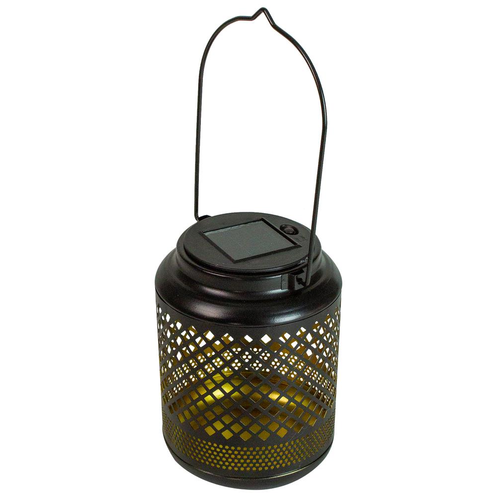 7" Black Diamond Cut Out LED Outdoor Solar Lantern with Handle. Picture 1