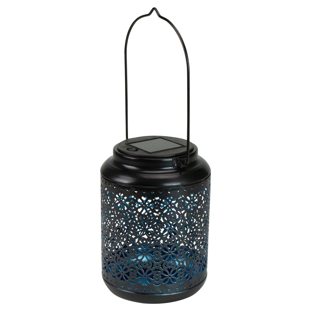 7" Black Integrated Floral LED Solar Outdoor Lantern with Handle. Picture 1