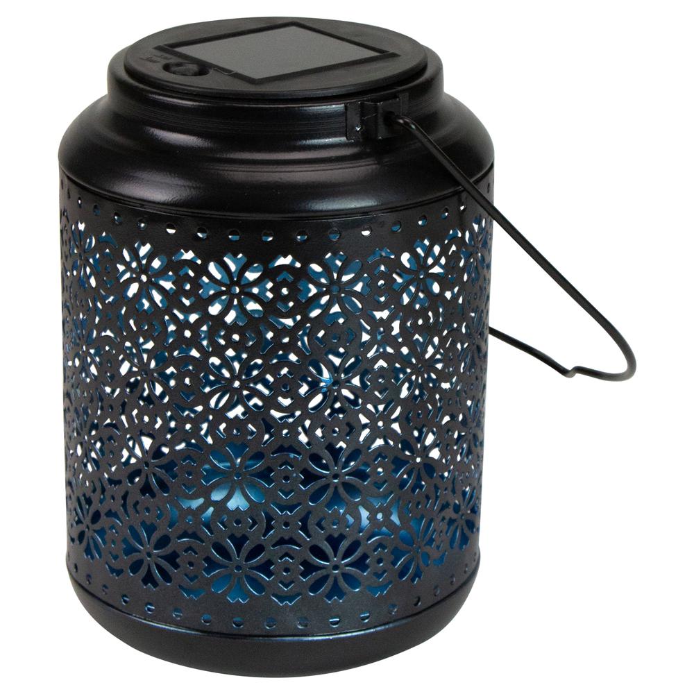7" Black Integrated Floral LED Solar Outdoor Lantern with Handle. Picture 2