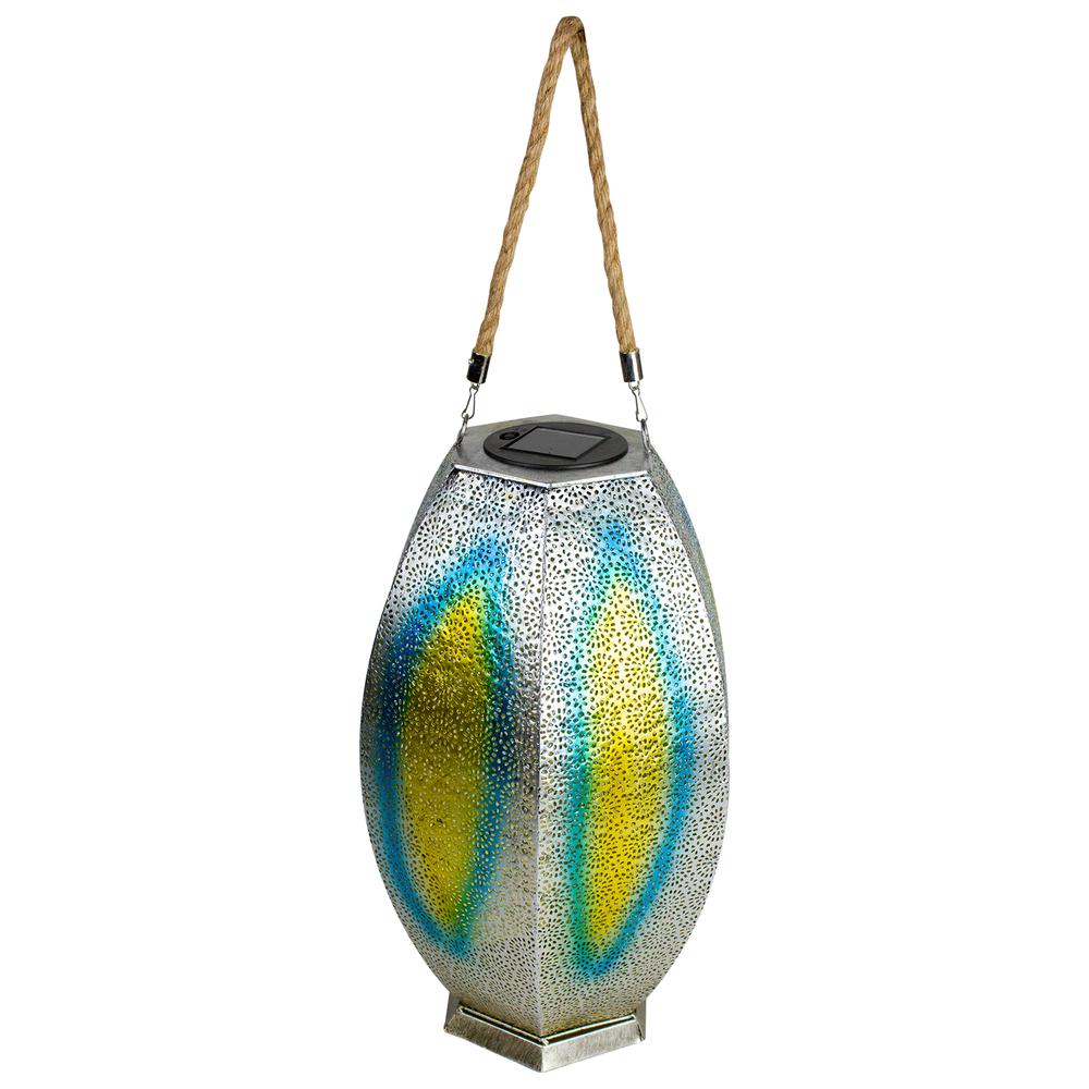 15.5" Silver Floral Outdoor Hanging Solar Lantern with Jute Handle. Picture 1