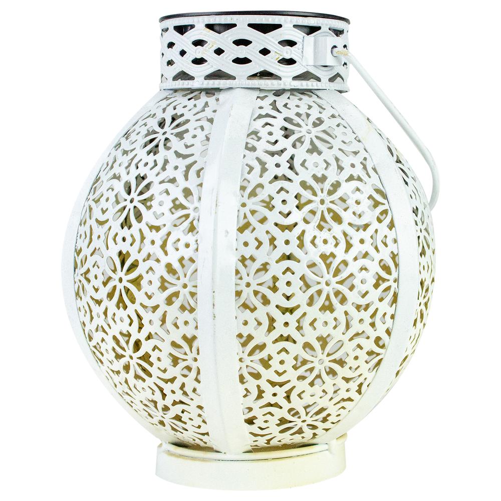 7" White Integrated Floral Pattern Outdoor Solar Lantern with Handle. Picture 4