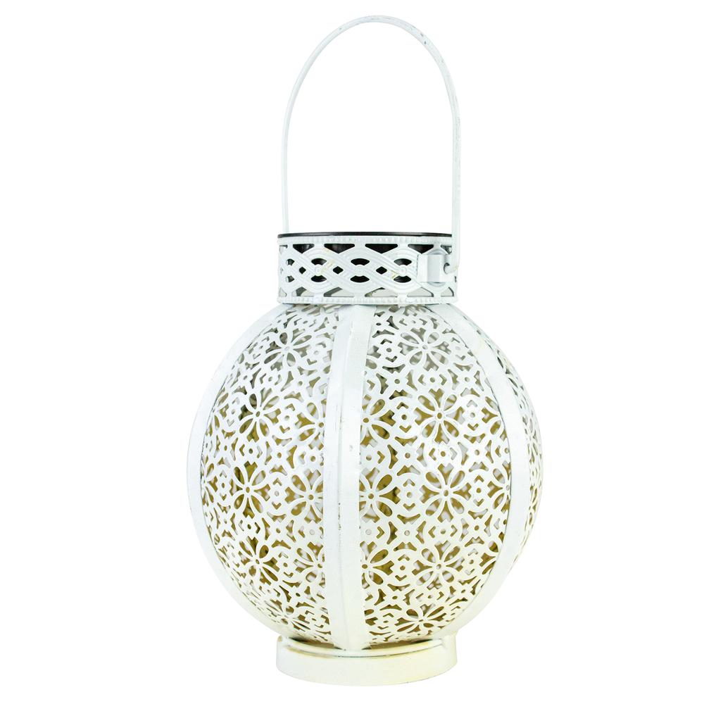 7" White Integrated Floral Pattern Outdoor Solar Lantern with Handle. Picture 1