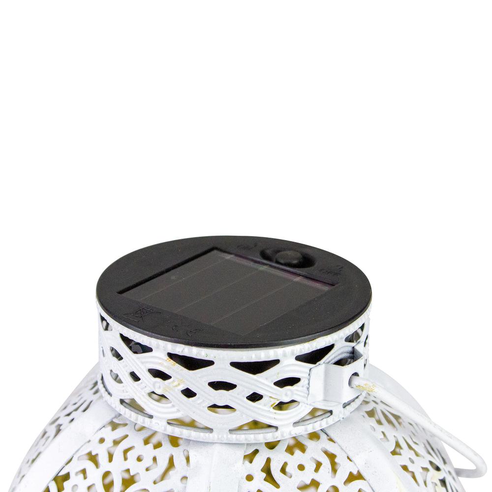7" White Integrated Floral Pattern Outdoor Solar Lantern with Handle. Picture 2