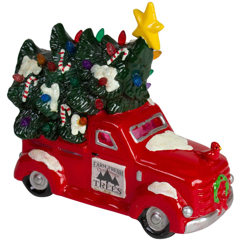 8" Red LED Lighted Vintage Truck Hauling Christmas Tree. Picture 1