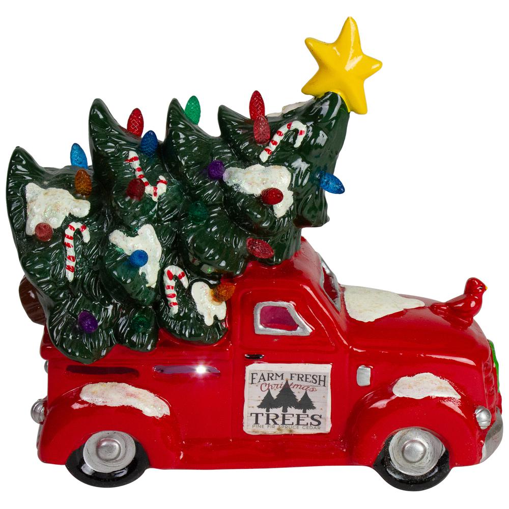 8" Red LED Lighted Vintage Truck Hauling Christmas Tree. Picture 2