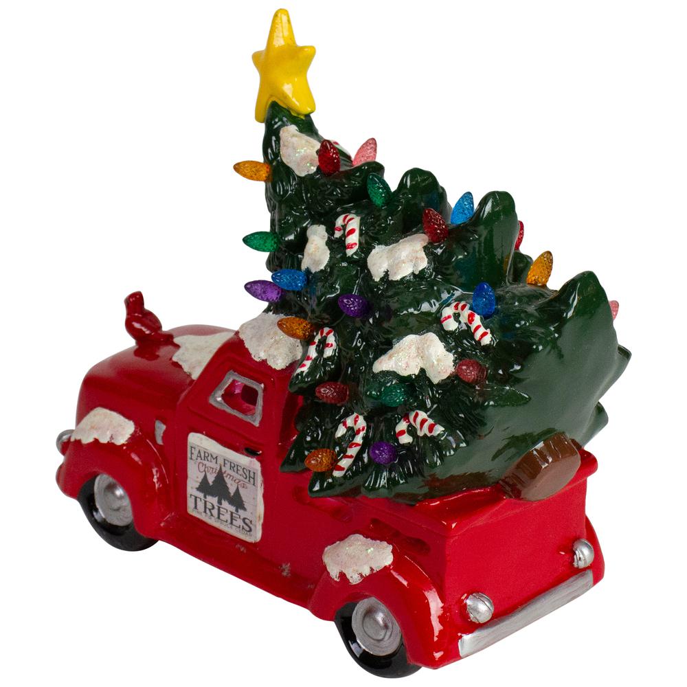 8" Red LED Lighted Vintage Truck Hauling Christmas Tree. Picture 4