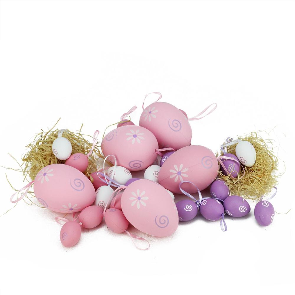 Set of 29 Pastel Pink and Purple Painted Floral Spring Easter Egg Ornaments 3.25". The main picture.