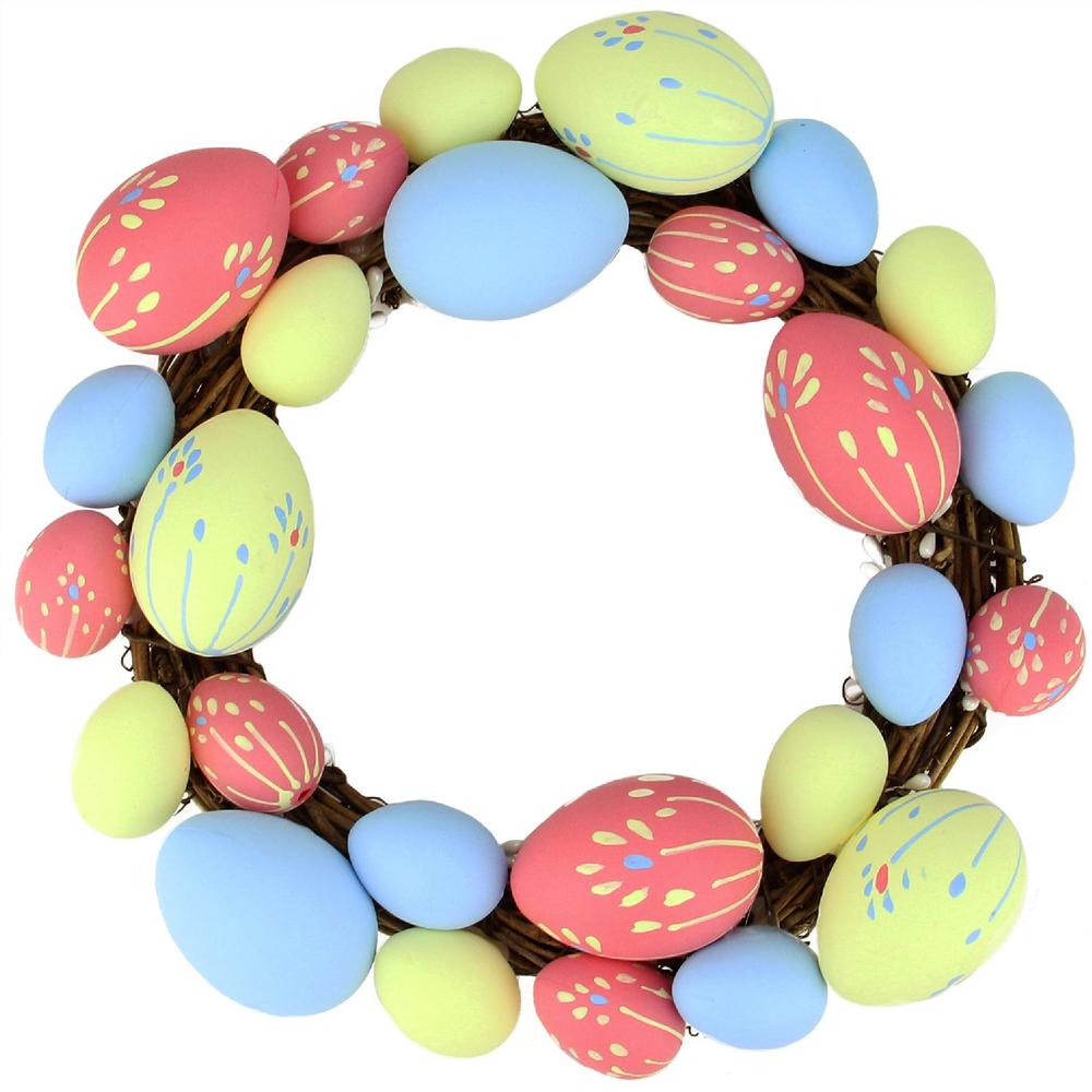 10" Pink, Yellow and Blue Floral Stem Easter Egg Spring Wreath. Picture 1