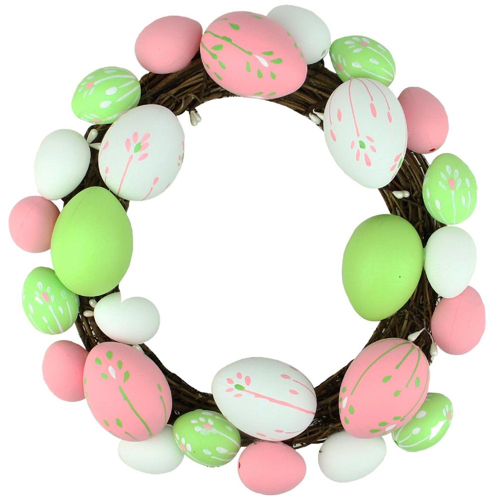 Floral Stem Easter Egg Spring Grapevine Wreath  Pink and Green 10-Inch. Picture 1