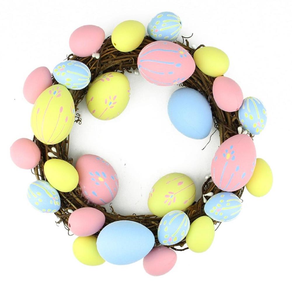 10" Pastel Pink  Yellow and Blue Floral Stem Easter Egg Spring Grapevine Wreath. Picture 1