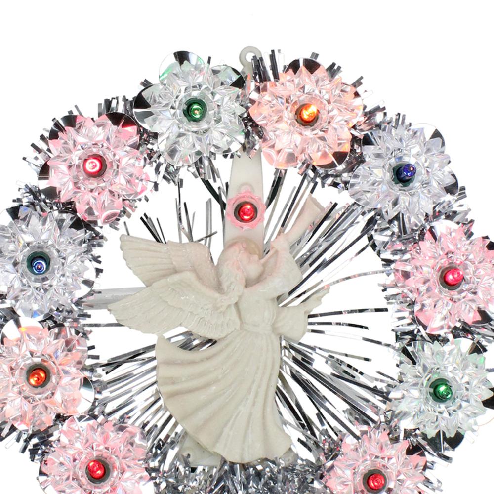 7.5" Silver Tinsel Wreath with Angel Christmas Tree Topper - Multi Lights. Picture 3