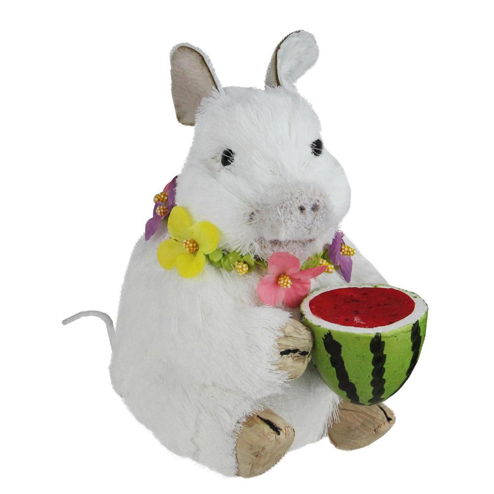 6.75" White Sisal Piglet with Floral Lei and Watermelon Tabletop Figure. Picture 1