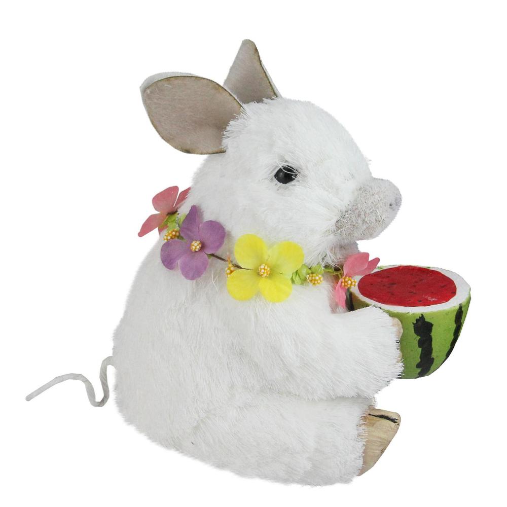 6.75" White Sisal Piglet with Floral Lei and Watermelon Tabletop Figure. Picture 2