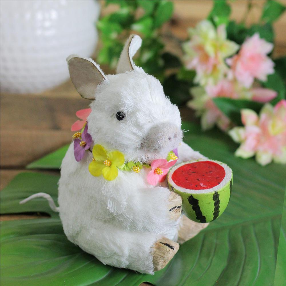 6.75" White Sisal Piglet with Floral Lei and Watermelon Tabletop Figure. Picture 3
