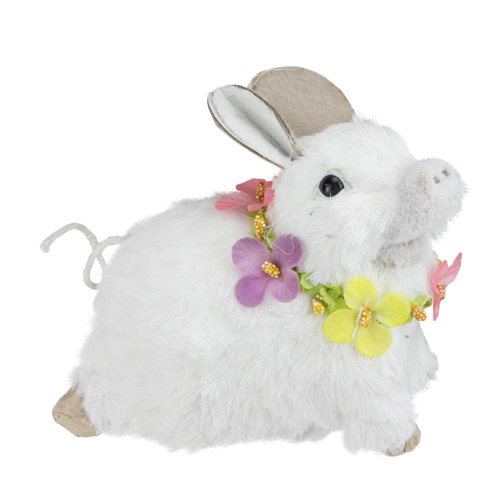 6.5" White Sisal Piglet with Floral Lei Spring Figure. Picture 1