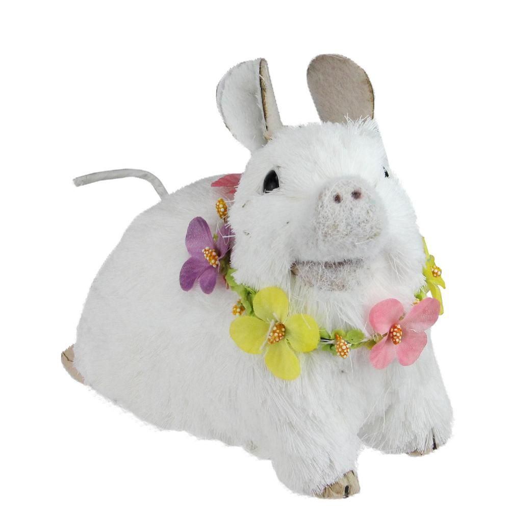 6.5" White Sisal Piglet with Floral Lei Spring Figure. Picture 2