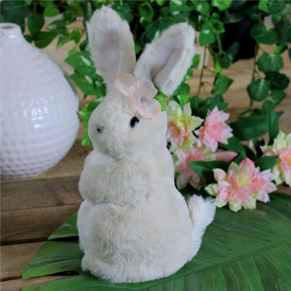 11.5" Beige Plush Standing Easter Bunny Rabbit Girl Spring Tabletop Figurine. Picture 3