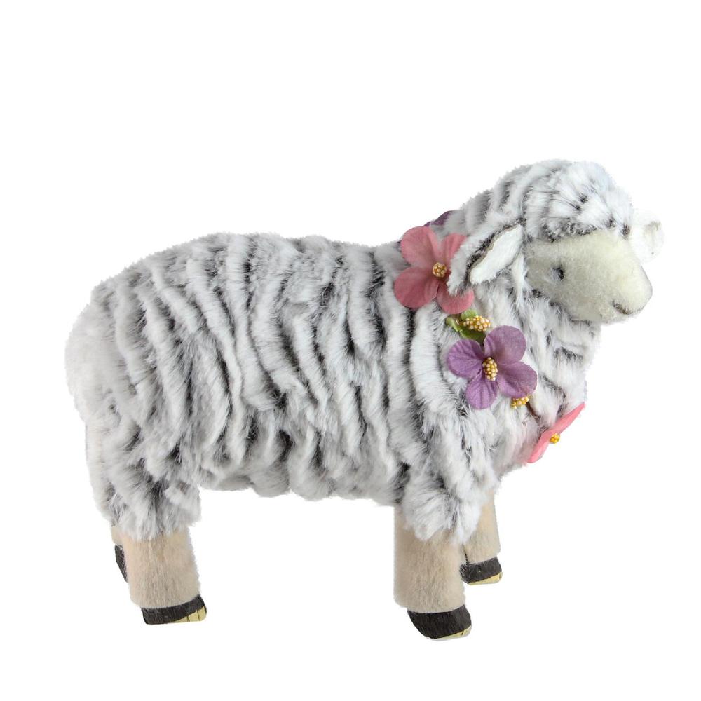 8" White and Pink Artificial Standing Sheep Wearing Flower Necklace. Picture 1
