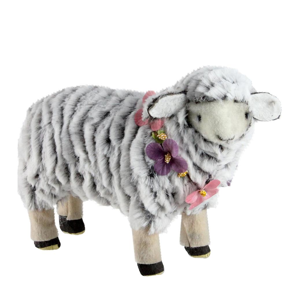 8" White and Pink Artificial Standing Sheep Wearing Flower Necklace. Picture 2