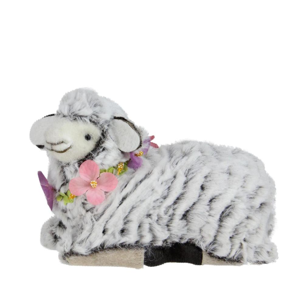 6.75" White and Brown Plush Kneeling Sheep Spring Easter Figure. Picture 1