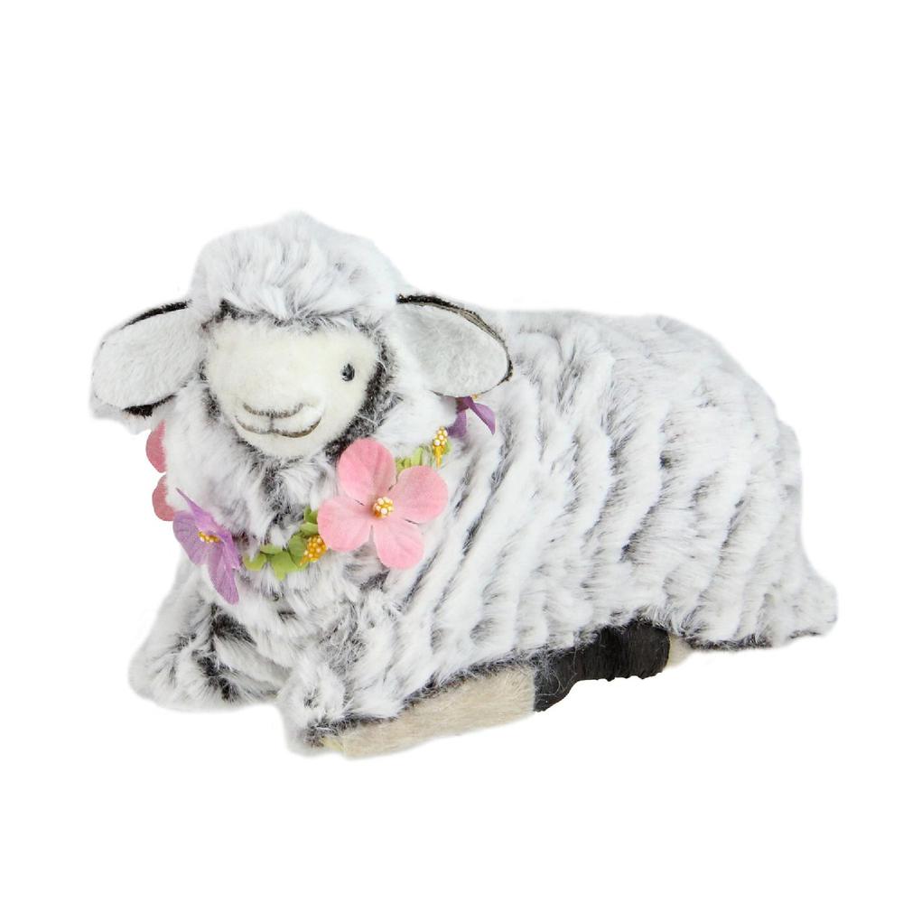 6.75" White and Brown Plush Kneeling Sheep Spring Easter Figure. Picture 2