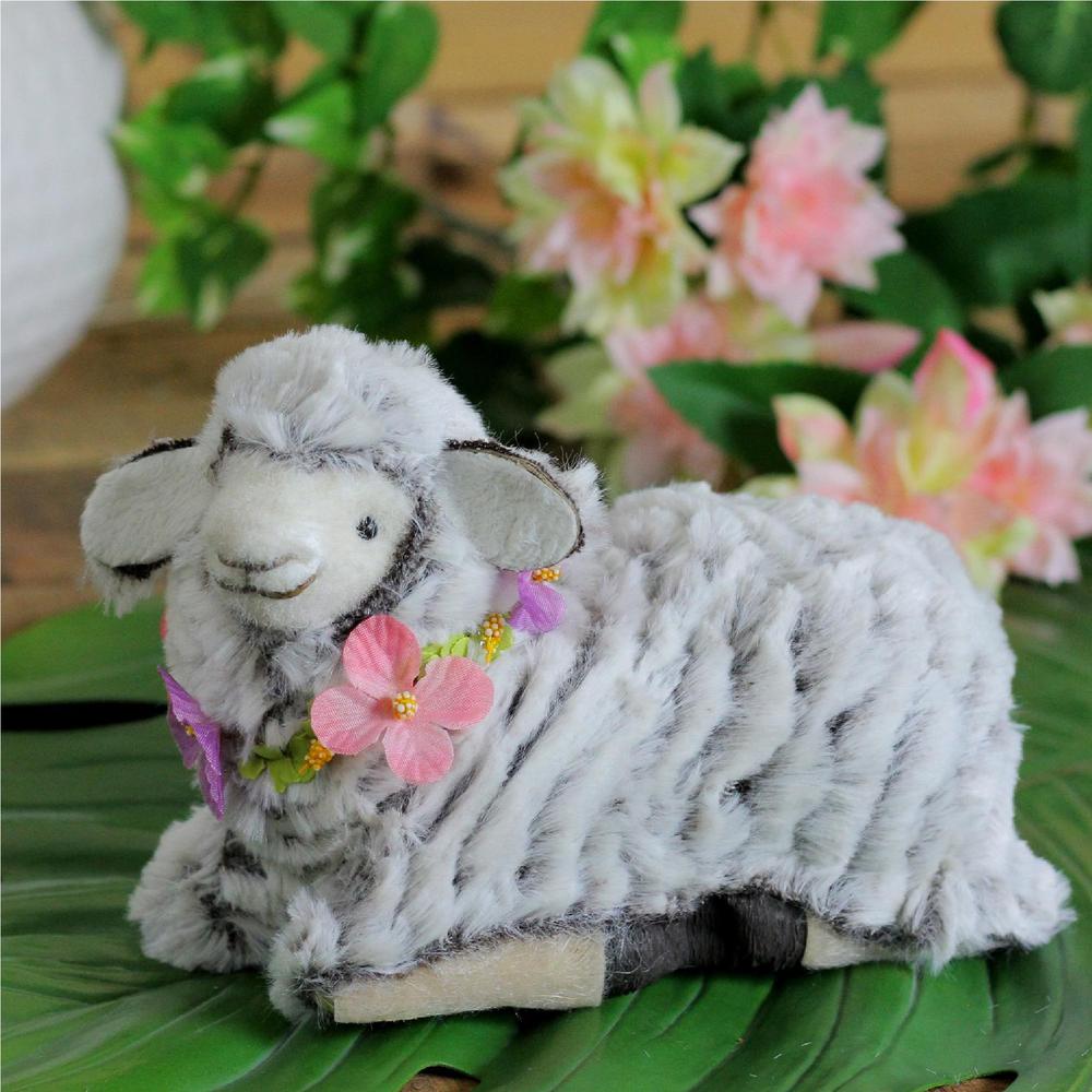 6.75" White and Brown Plush Kneeling Sheep Spring Easter Figure. Picture 3