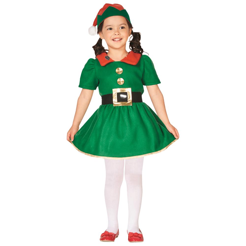 28" Green and Red Girl's Elf Christmas Costume - 6-8 Years. Picture 1