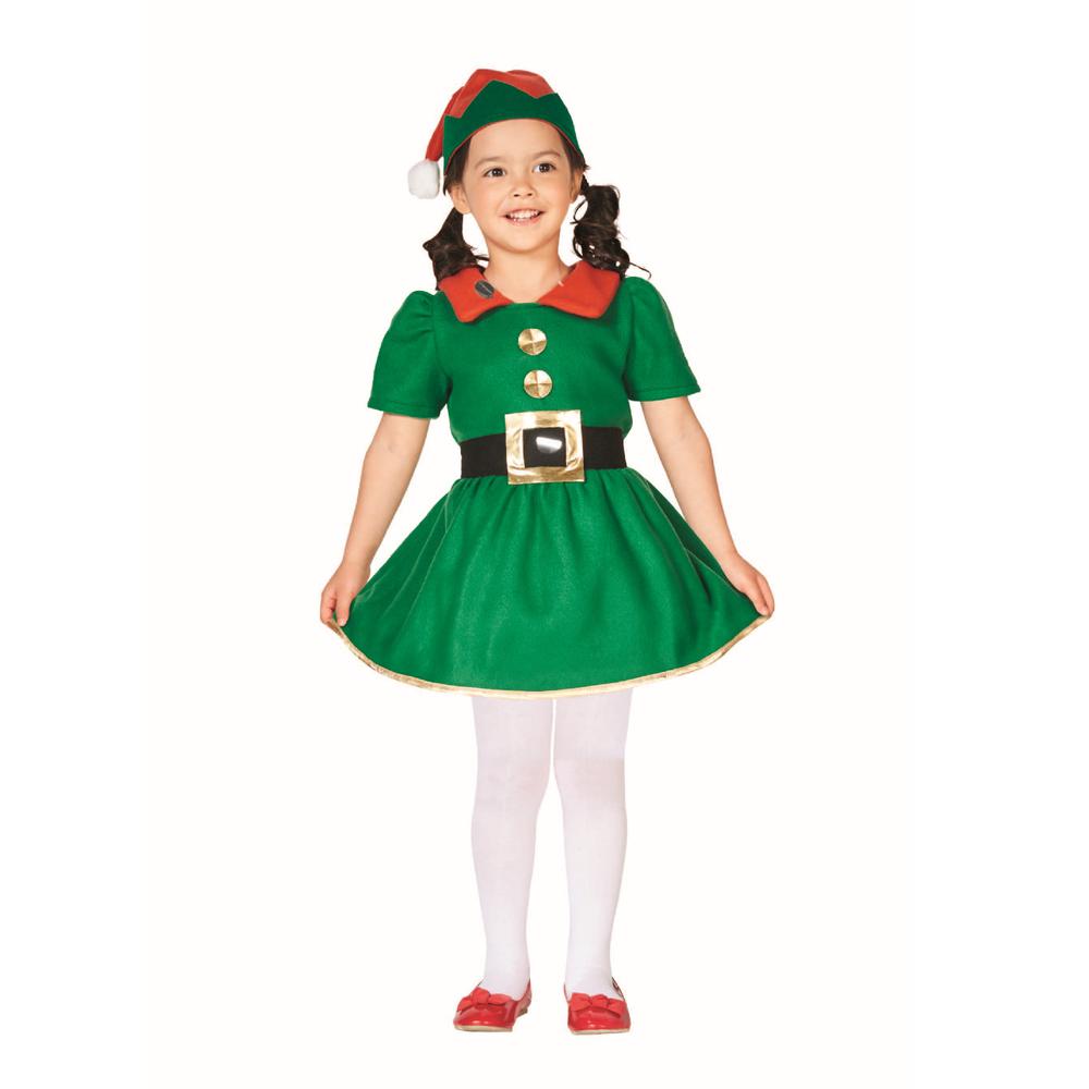 26" Green and Red Girl's Elf Christmas Costume - 4-6 Years. Picture 1