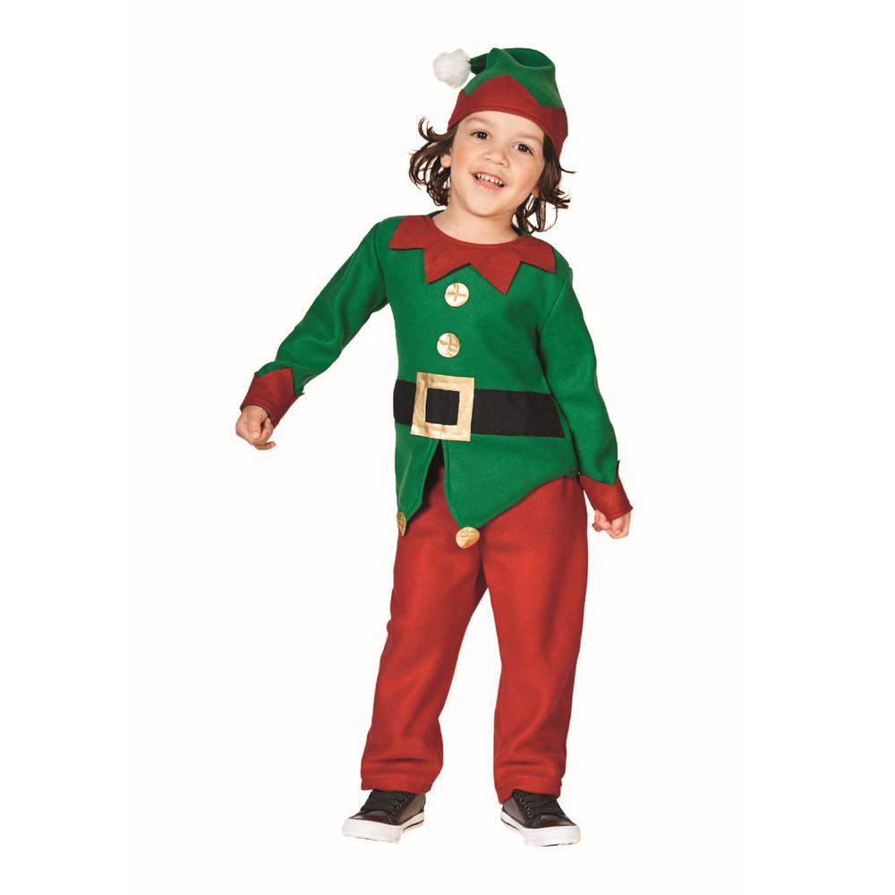 26" Red and Green Elf Boy's Costume With a Christmas Santa Hat - 6-8 Years. Picture 1
