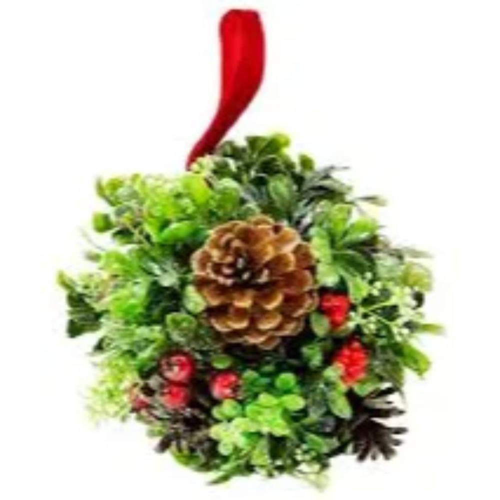 7" Green and Red Glittered Berry with Pine Cone Christmas Topiary Ball Ornament. Picture 3