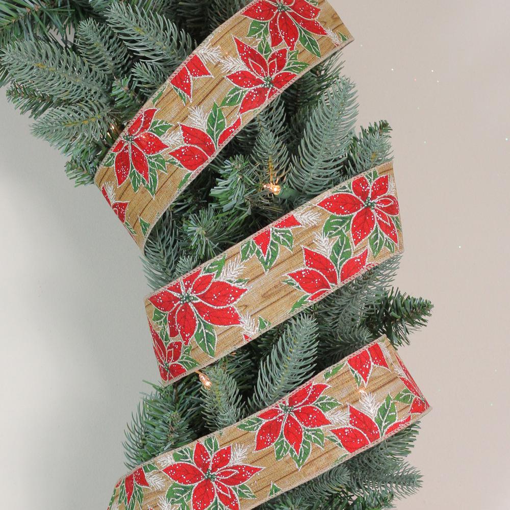 Red and Green Poinsettia Christmas Wired Craft Ribbon 2.5" x 16 Yards. Picture 2