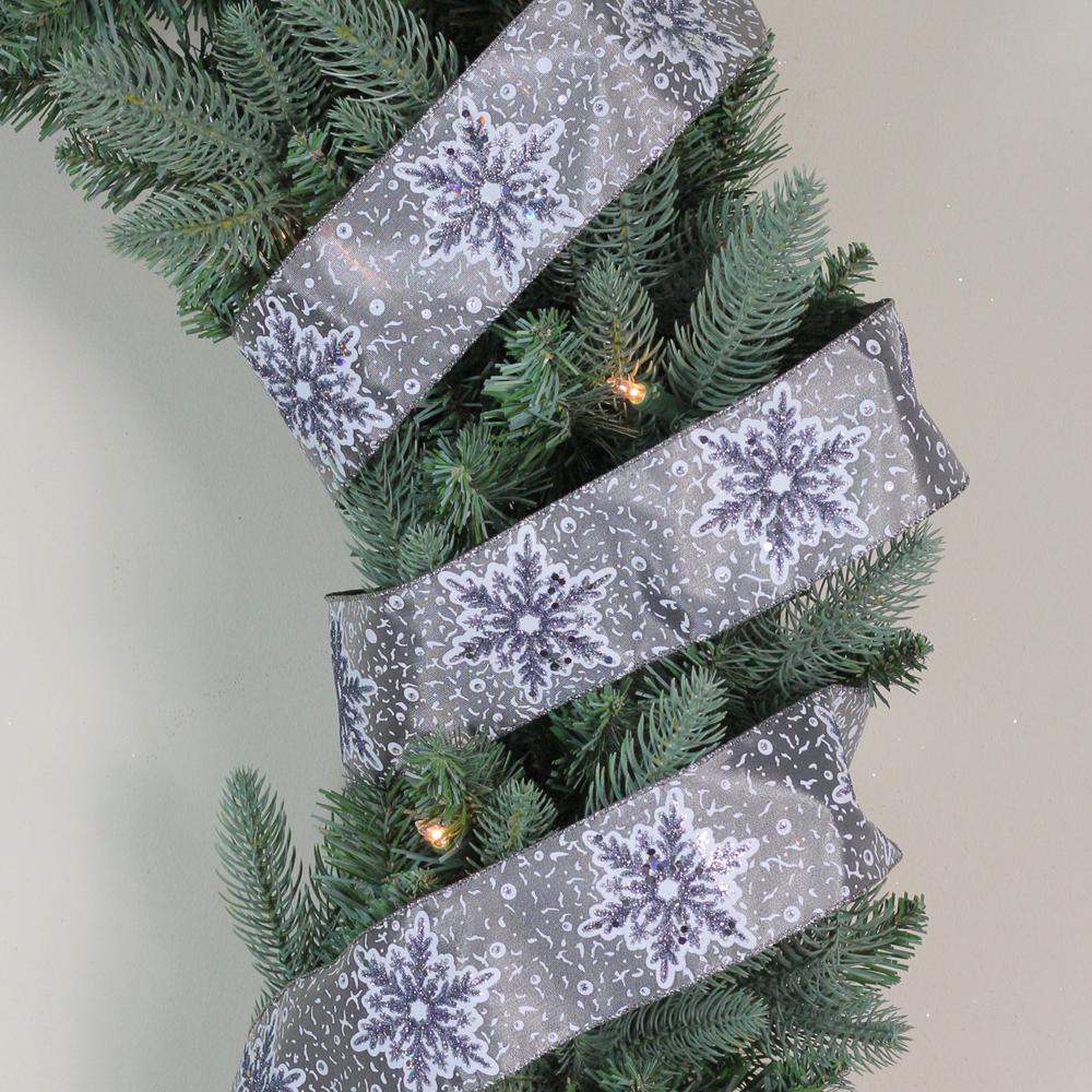 Gray and White Glitter Snowflake Christmas Wired Craft Ribbon 2.5" x 16 Yards. Picture 2