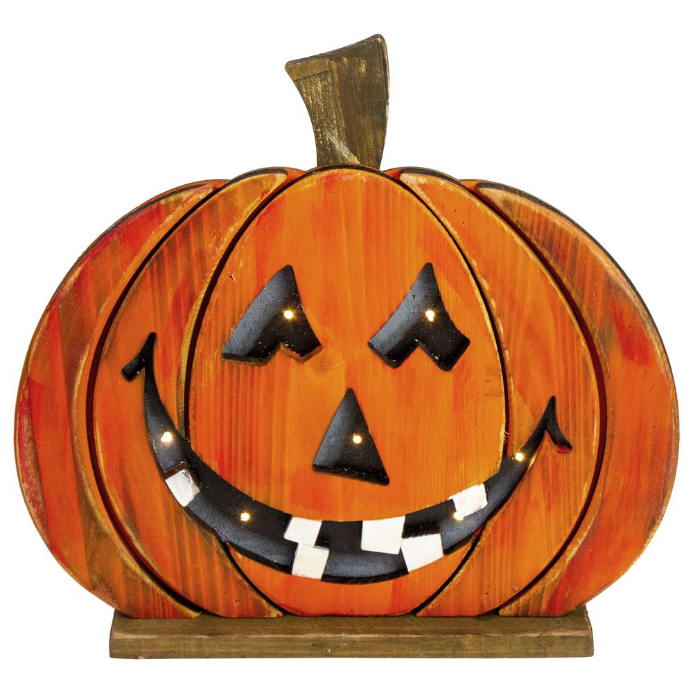 13" LED Lighted Jack-O-Lantern Wooden Halloween Decoration. Picture 1