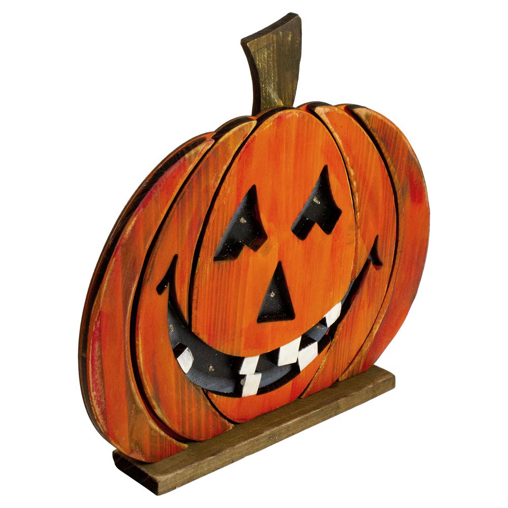 13" LED Lighted Jack-O-Lantern Wooden Halloween Decoration. Picture 3
