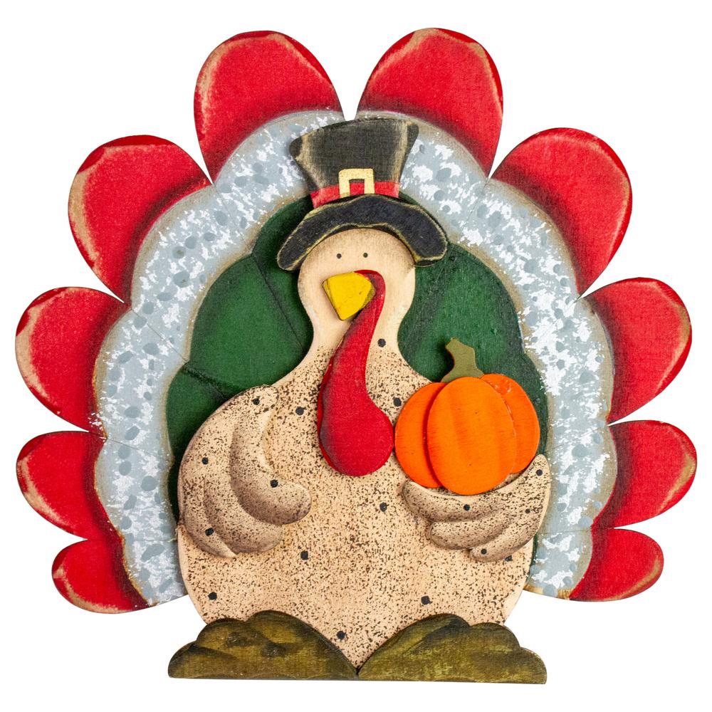 9.75" Wooden Turkey with Pumpkin Thanksgiving Decoration. Picture 1