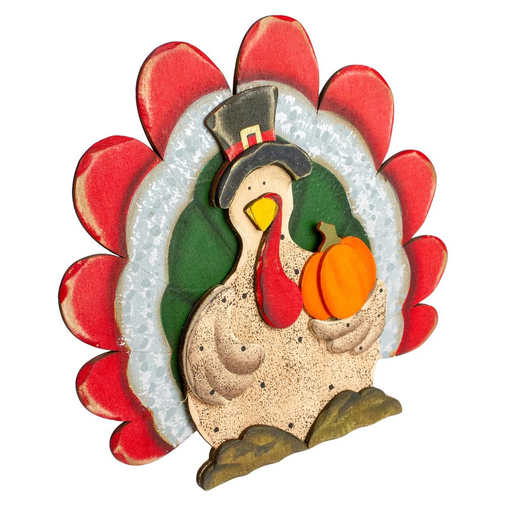 9.75" Wooden Turkey with Pumpkin Thanksgiving Decoration. Picture 2