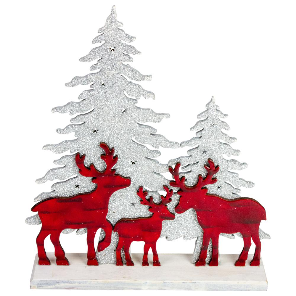 11.5" Reindeer Family with Sliver Glittered Trees Christmas Decoration. Picture 1