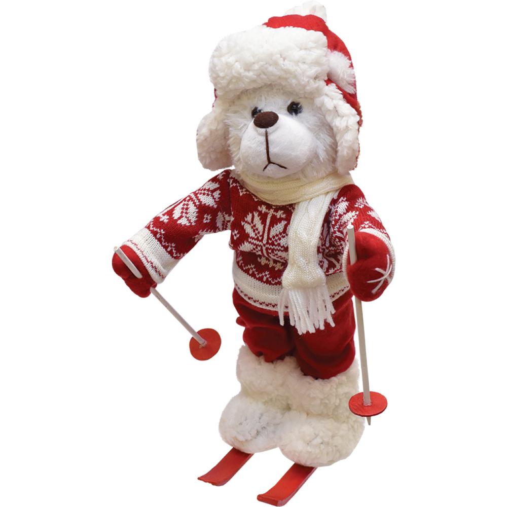 15" Red and White Winter Boy Bear with Skis Christmas Figure Decoration. The main picture.