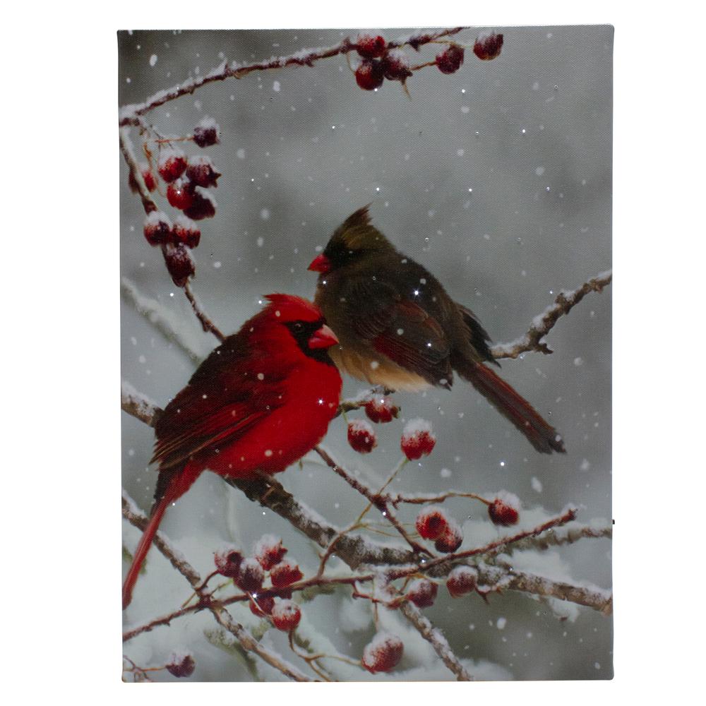 Lighted Red Cardinals and Berries Christmas Canvas Wall Art 15.75" x 11.75". Picture 1